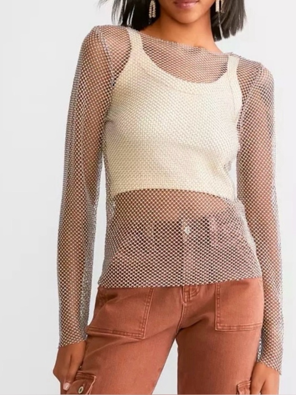 Retroluxe Rhinestone Fishnet Luxury Preppy Special Occasion Long Sleeve Top XS